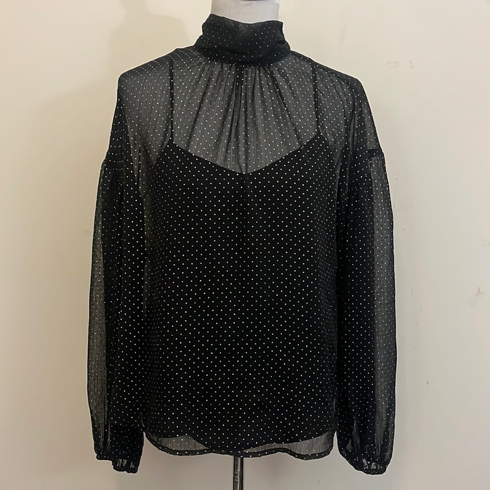 Sanctuary Black & Gold Polka Dot Sheer Top with Attached Camisole Size Medium